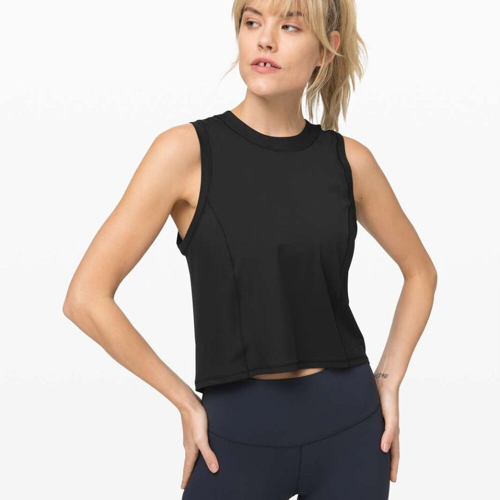 Lululemon Sheer Will Tank Top Black Camo Mesh Waist Length Crew Neck 2 $58